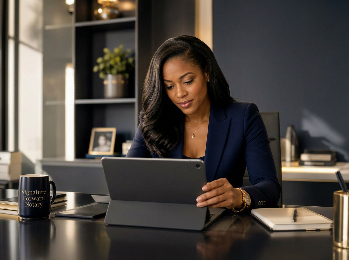 Professional reviewing secure documents in a luxury modern office
